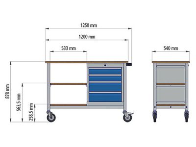 b+h Bedrunka+Hirth Mobile Werkbank 04.512.04A Tiefe 500mm 4 Schubladen 2 Fachböden