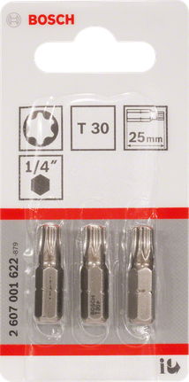 Bosch T30 25mm Torx screwdriver bits set., Torx-Bits, T30, 25 mm, 1/4-Zoll-Sechskant, 3er-Set