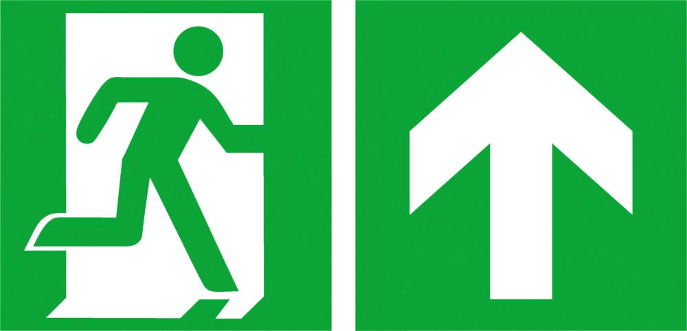Rettungsweg rechts mit Zusatzzeichen aufwärts bzw. geradeaus