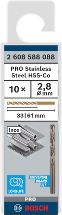 Foret hélicoïdal Bosch PRO en acier inoxydable HSS-Co, paquet de 2,8 mm., Metallbohrer, HSS-Co, Edelstahl, 2,8 mm, Spiralbohrer