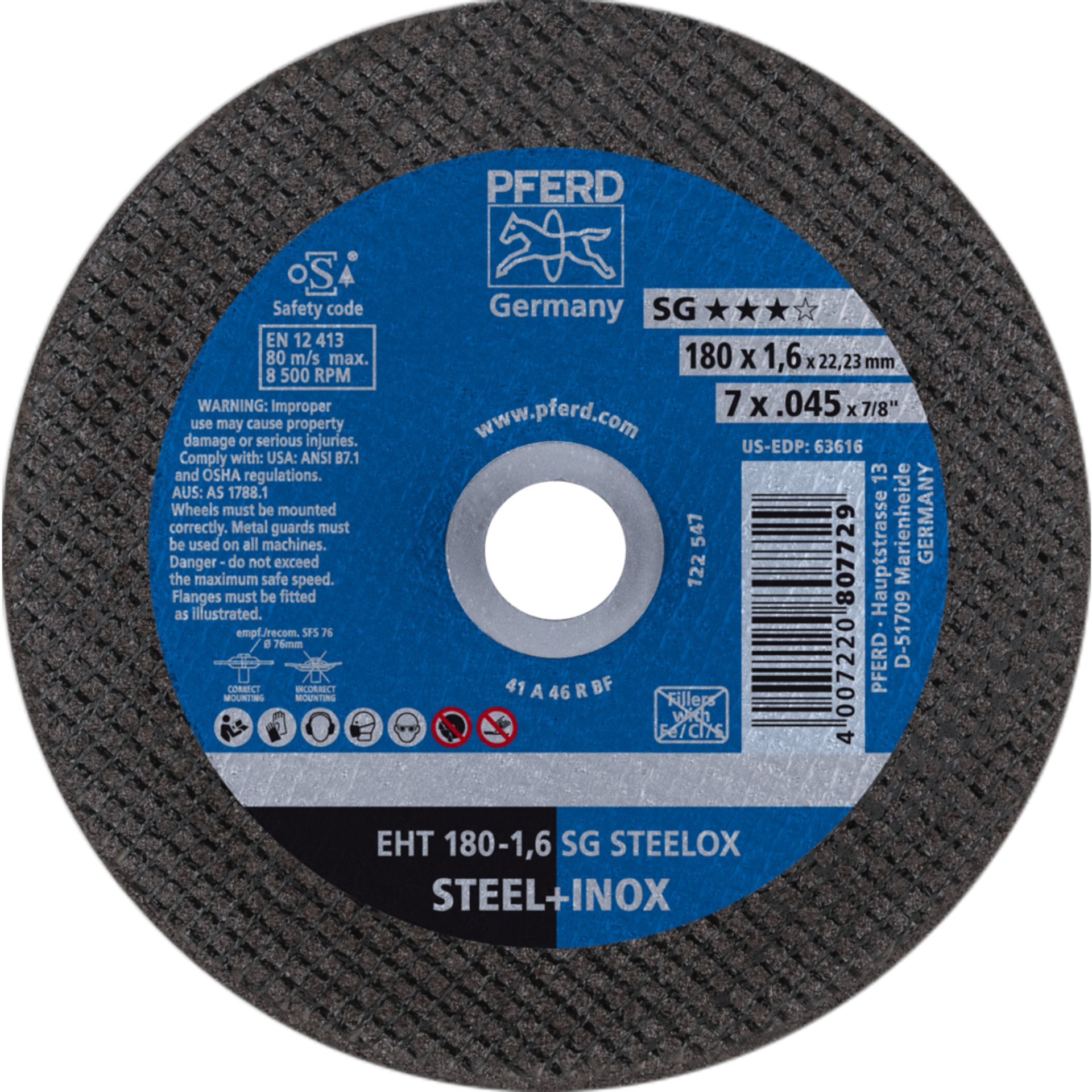 Pferd TOOLS Trennscheibe EHT 180-1,6x22,23 mm SG STEELOX gerade für Stahl/Edelstahl