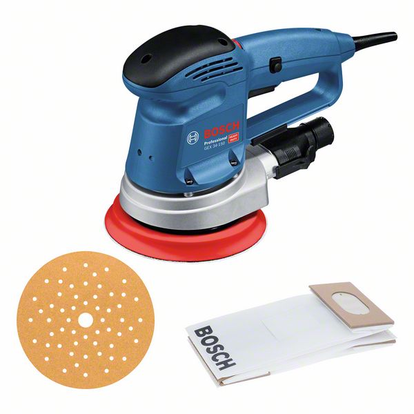 Bosch Exzenterschleifer GEX 34-150, Schleifteller, 1 x Pap.staub-btl., 1 x Absaugad.