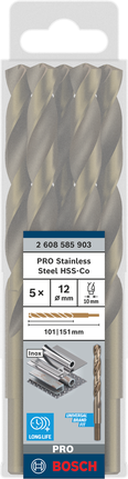 Bosch PRO Stainless Steel HSS-Co Twist Drill Bit 12mm, pack of 5., Spiralbohrer, Edelstahlbohrer, HSS-Co-Stahl, 5er-Set, Bosch