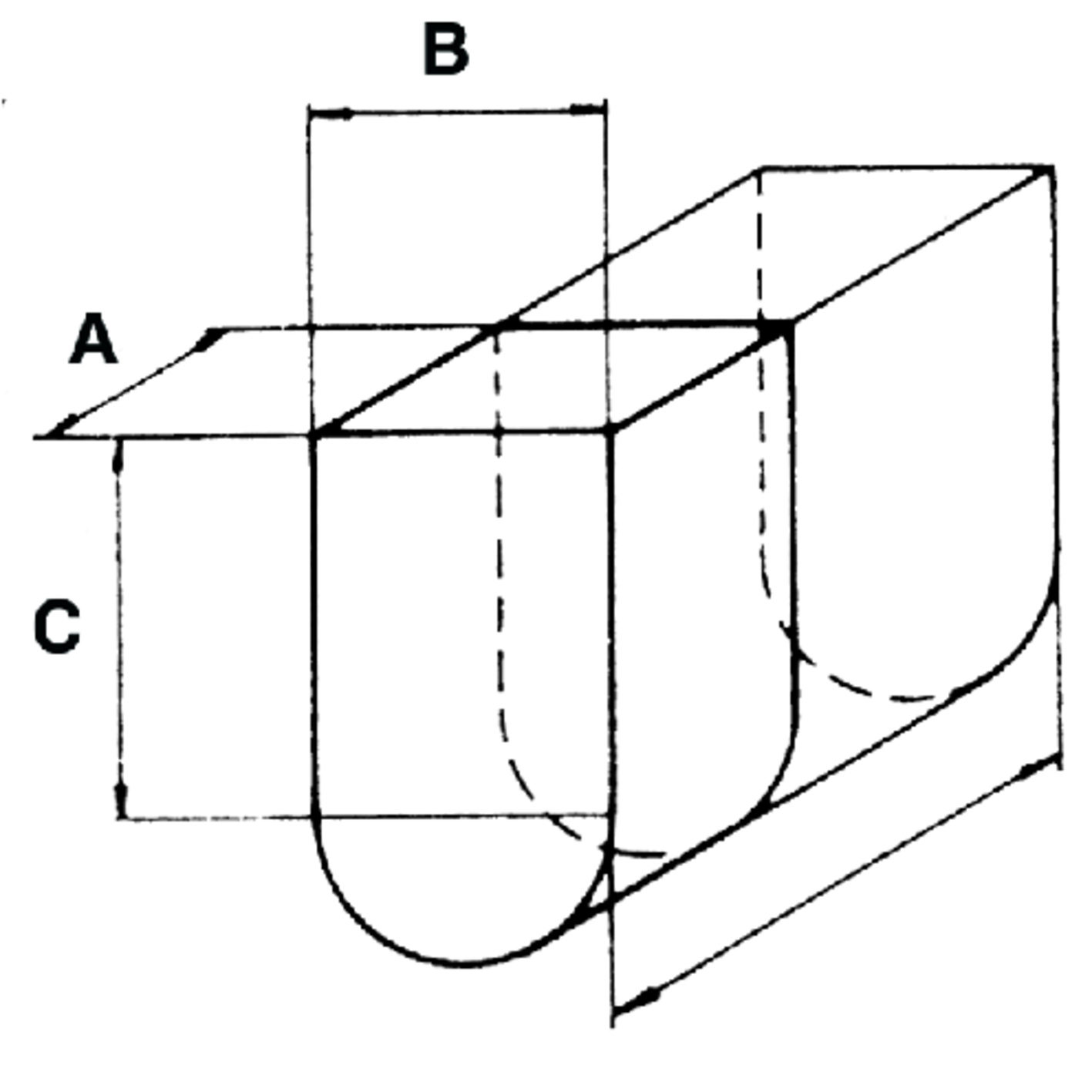 Abmessungen von Fräsketten Beispiel: 28 x 40 x 100 mm; Kettenbreite (A): 28 mm; Lochbreite (B): 40 mm; Stemmtiefe (C): 100 mm Anwendungsbild, CAD-Diagramm, Diagramm