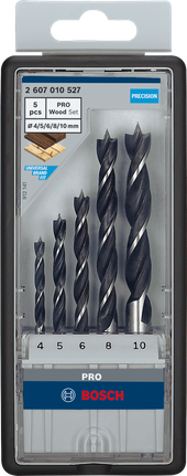 Bosch PRO Wood Brad Point Drill Bit Set 5 pcs for precise wood drilling., Holzbohrer, Bohrerset, Spiralbohrer, 5-teilig, 4–10 mm
