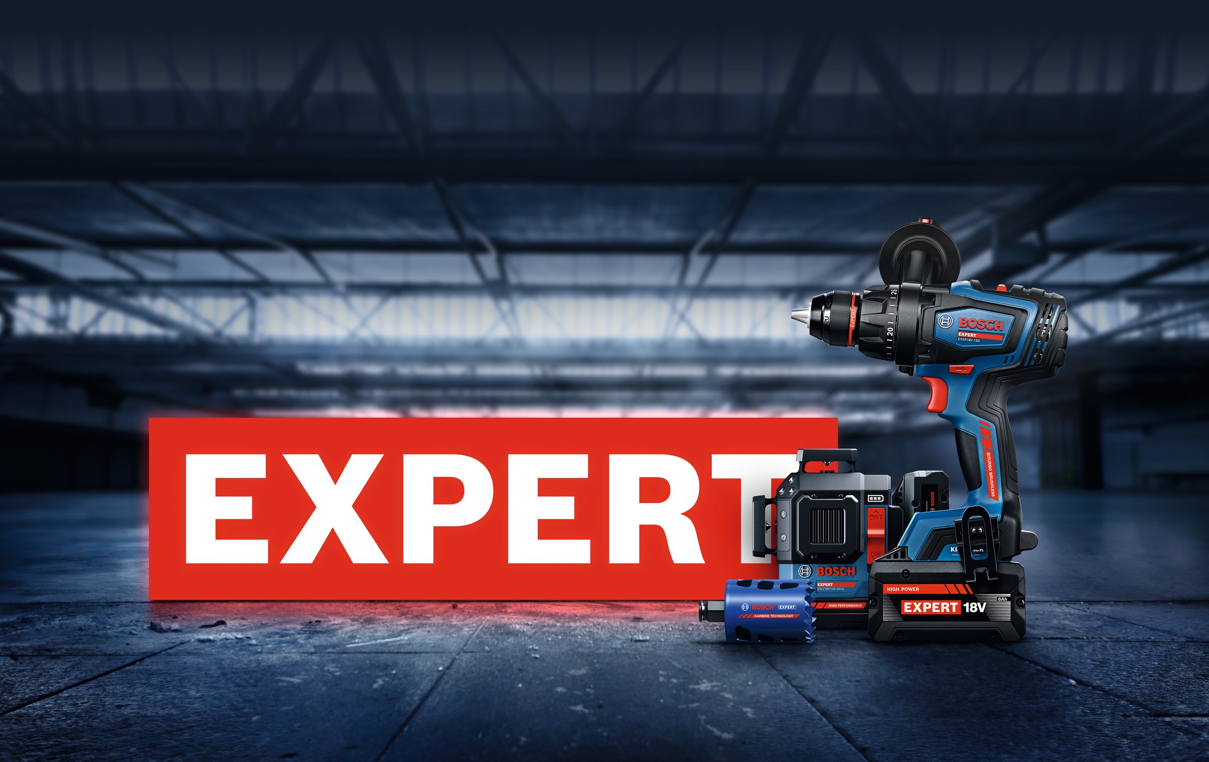 Bosch-EXPERT-Werkzeuge und -Zubehör in einer Werkhalle