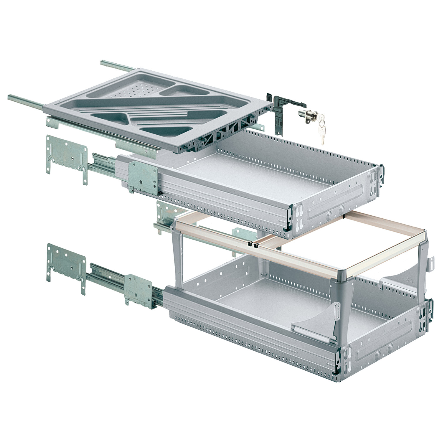 HETTICH Container-Set mit Voll- und Überauszügen, Einbautiefe (min) 530 mm, Aluminium Optik