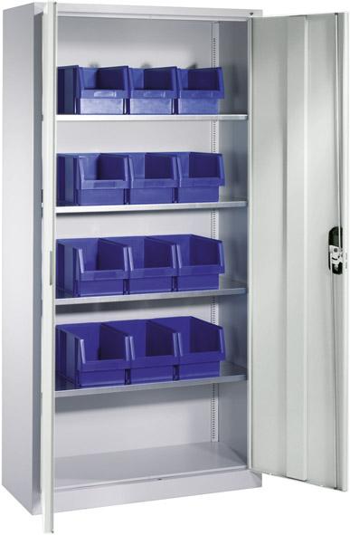 CP Lager-Regalschrank B1000xT300xH1980 mm RAL 7035 mit Türen 4 Fachböden, 12 Kästen CP