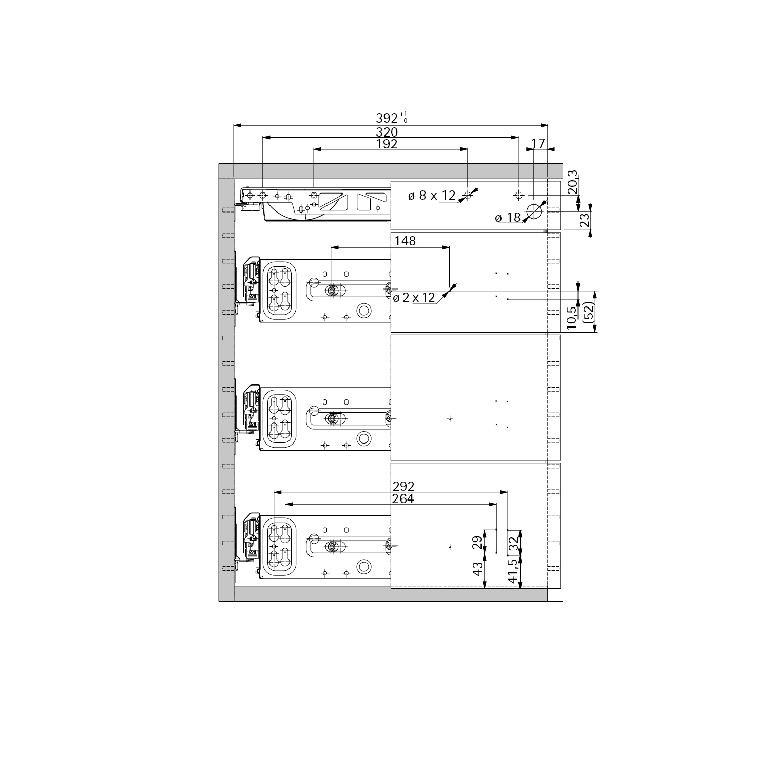 HETTICH Konstruktionszeichnung: Einbaubreite: 392 mm, Einbautiefe: 530 / 730 mm