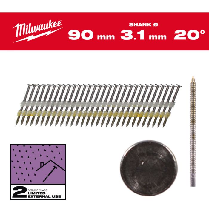 Milwaukee Rundkopf-Nägel 90mm 3,1mm 20° Ringschaft verzinkt für M18 FFN21 (1.750 Stück)