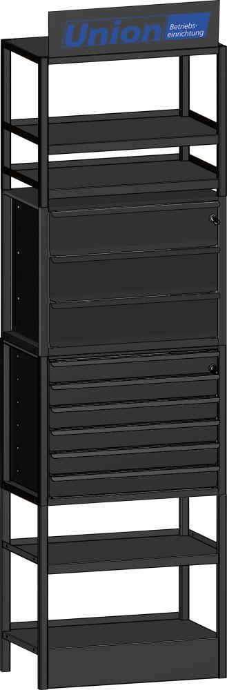 Dinzl UNION C-Teile Modulturm 64 Böden, 9 Schubladen abschließbar, RAL 7016 UNION Beschriftungsschild