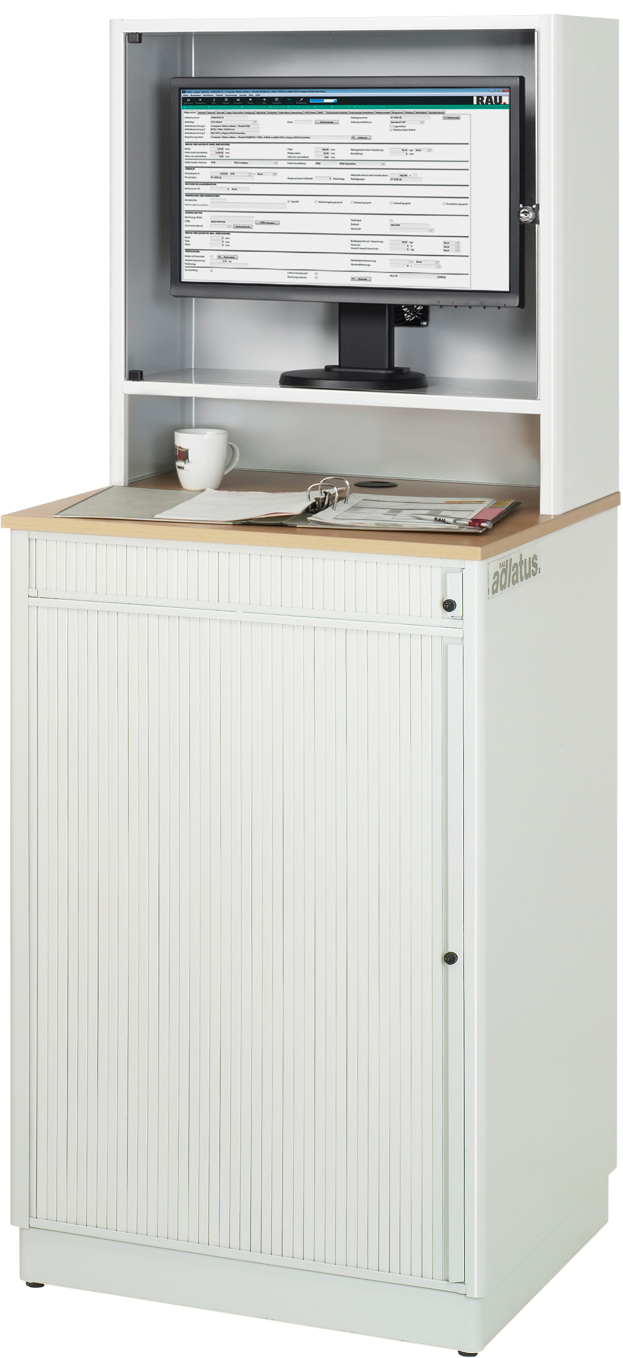 Rau Computer-Station 2015 stationär mit Monitorgehäuse B720xT660xH1810mm, Schrank, Arbeitsstation, Monitor-Stand, Schubladenbereich, Kaffeemantel?