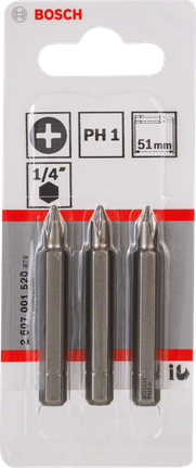 Bosch PH1 Schraubendreher-Bit-Set Extra Hart 51mm., Schrauberbits, Kreuzschlitz PH1, 1/4-Zoll-Schaft, 51 mm, 3er-Set