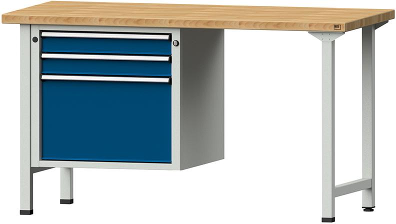 ANKE Kombiwerkbank (Serie V) mit Schubladenunterschrank hängend, mit 3 Schubladen (2x90, 1x360 mm), lichtgrau/enzianblau
