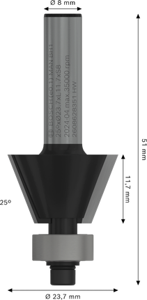 Bosch PRO Fräser Fase 25° 8 mm Schaft., Oberfräser, Metallfräser, konischer Fräser, Schaftfräser, technische Zeichnung