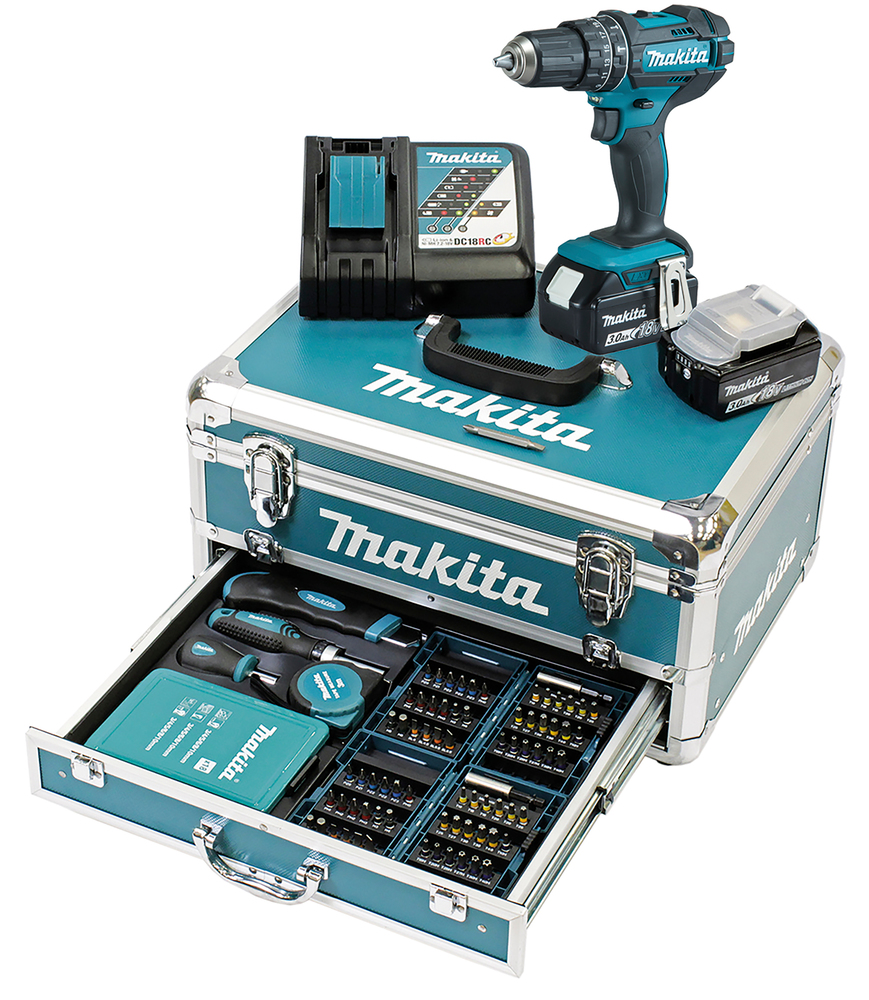 Makita Akku-Schlagbohrschrauber DHP482RFX9 18V 3Ah mit 2 Akkus, Ladegerät und 96-teiligem Zubehör-Set