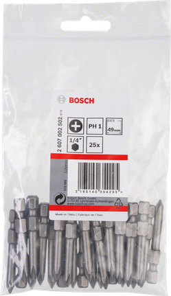 Bosch PH1 Schraubendreherbits, 25er-Pack, 49 mm Länge., Schrauberbits, Kreuzschlitz PH1, 1/4 Zoll, 49 mm, Bosch
