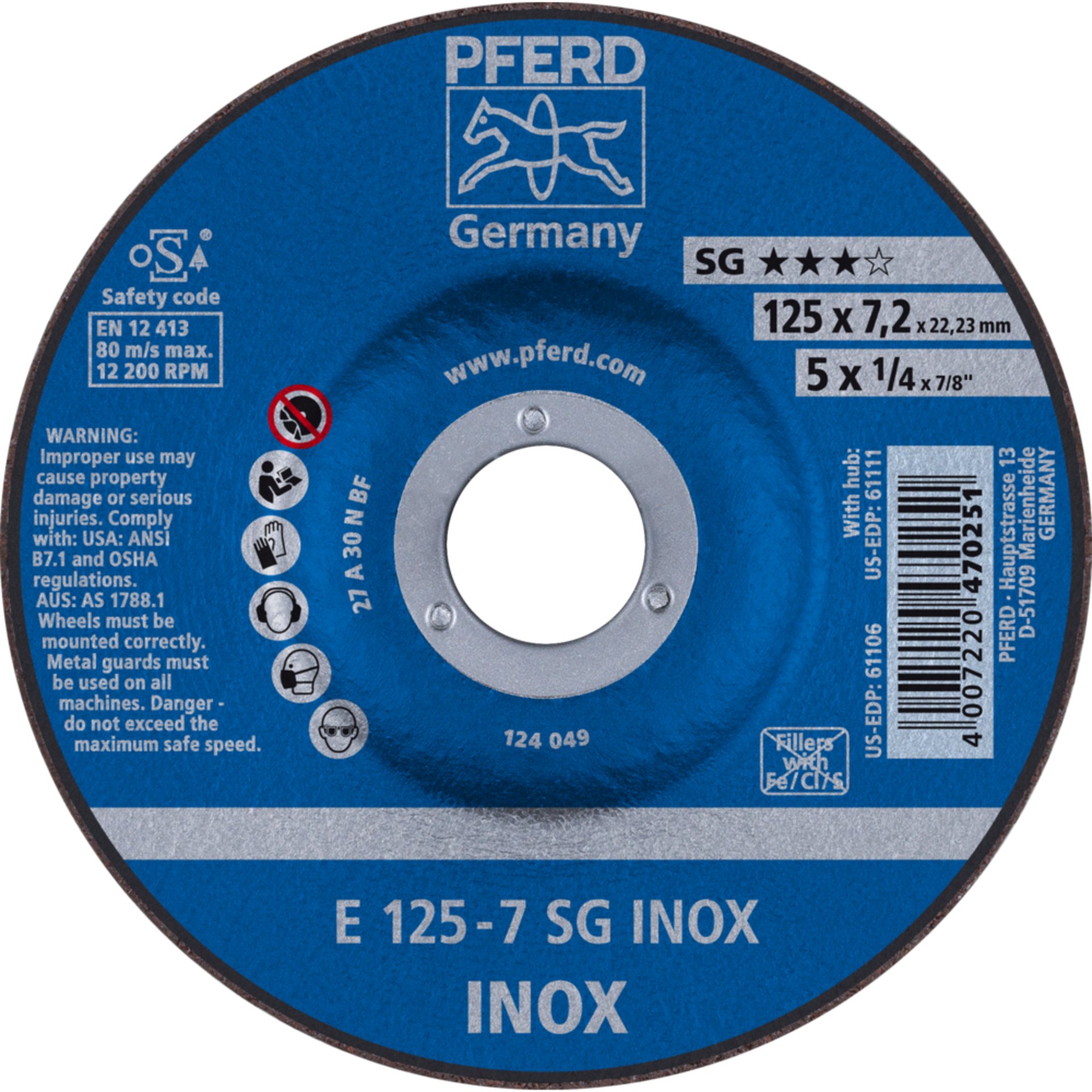 Pferd Schruppscheibe E 125x7,2x22,23 mm Leistungslinie SG INOX für Edelstahl