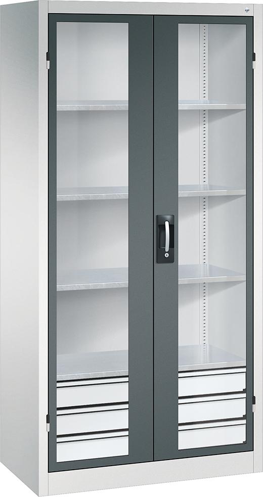 Produktbild CP Schwerlastschrank, mit Flügeltüren und Schubladenblock unten, RAL 7035/7016
