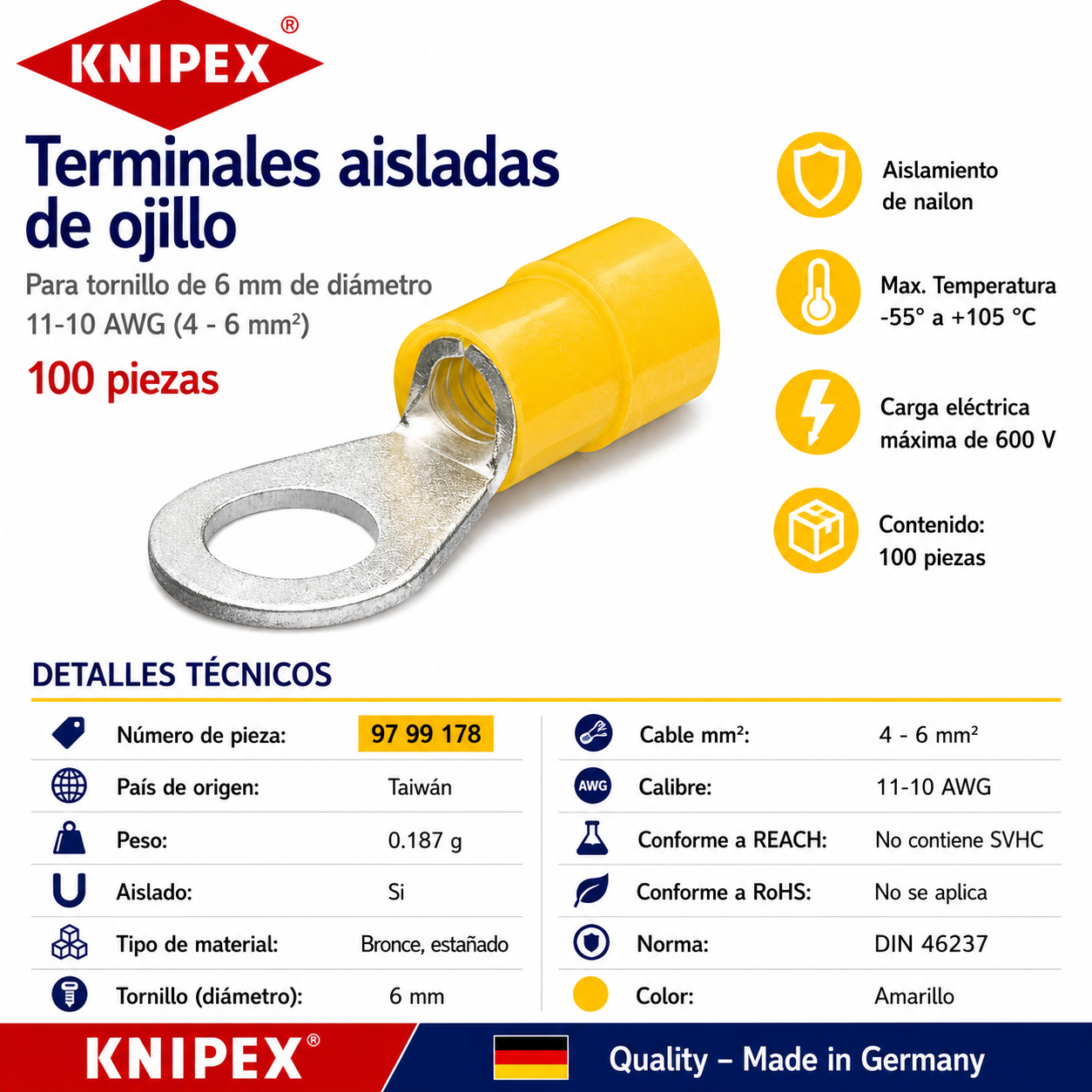 Knipex 97 99 178 Kabelschuhe Ringform isoliert Gelb 4-6mm² 100 Stück