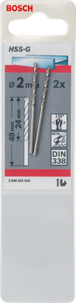 Bosch Metallbohrer HSS-G 2mm DIN 338er Packung., Metallbohrer, Spiralbohrer, HSS-G, 2 mm, 2er-Pack