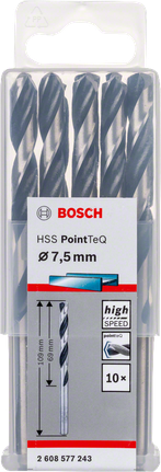 Bosch HSS Twist Drill Bit PointTeQ 7.5mm set., HSS-Bohrer, Spiralbohrer, 7,5 mm, Metallbohrer, 10 Stück