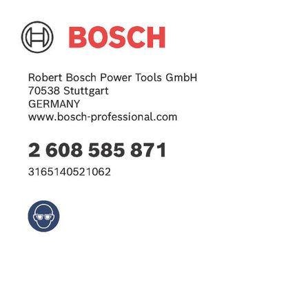 Etikett mit der Teilenummer., Bosch-Etikett, Artikelnummer, Herstellerangaben, Schutzbrillen-Symbol
