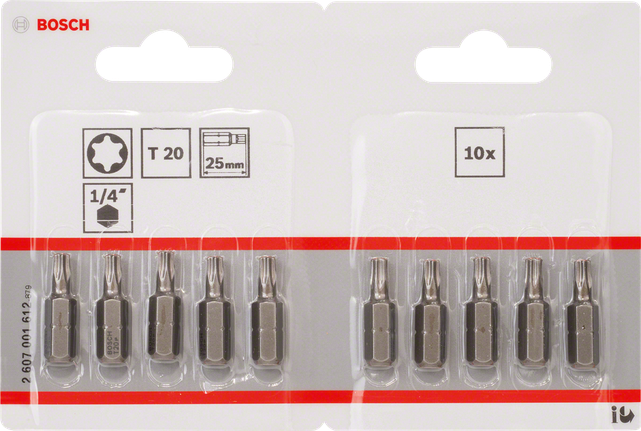 Bosch T20 25mm screwdriver bits pack of 10., Bosch-Bitsatz, Torx T20, 25 mm, 1/4-Zoll-Schaft, 10 Stück