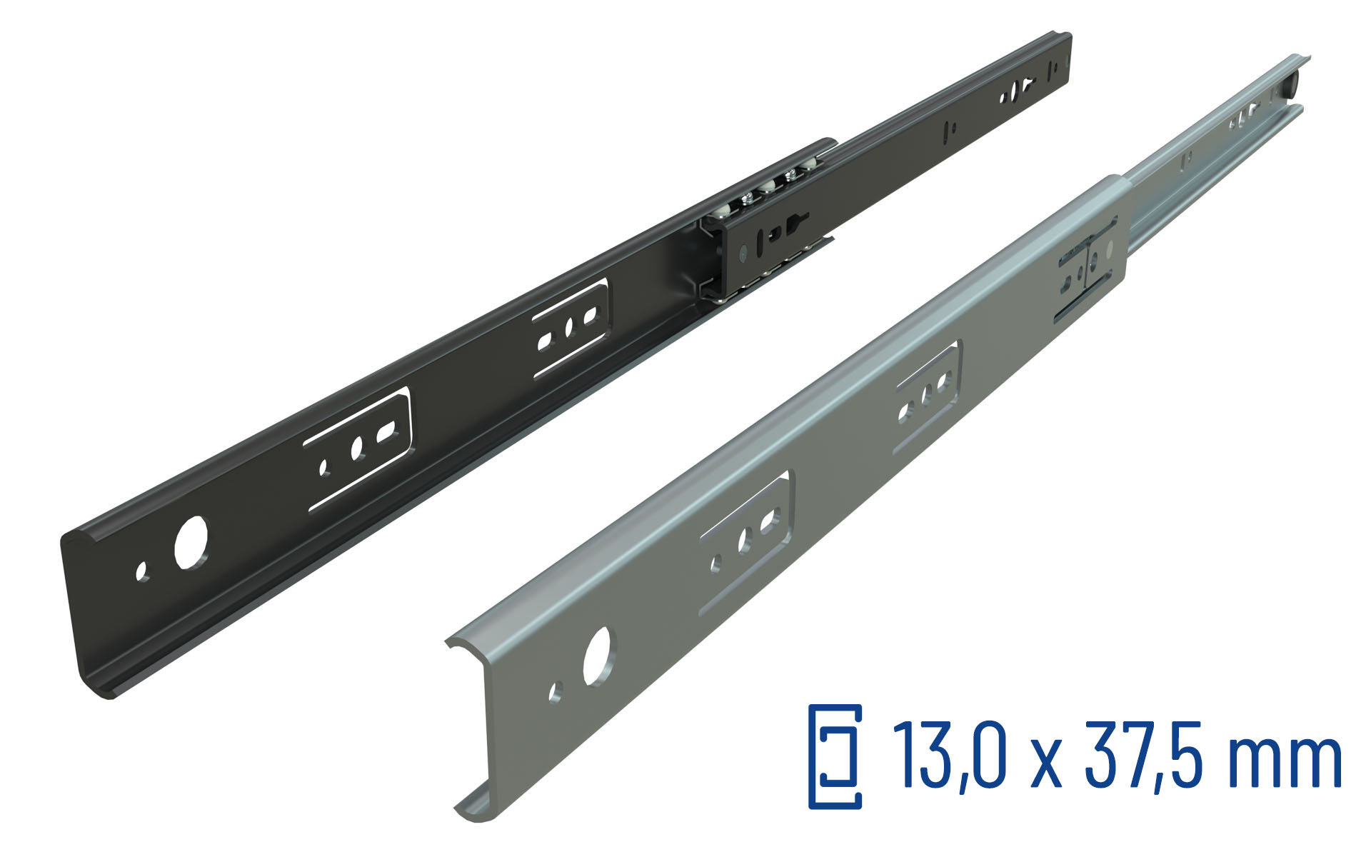 Schubladenführung, Auszugsschienen, Metall, 3D-Ansicht, 13,0 x 37,5 mm