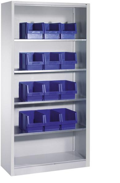 CP Lager-Regalschrank B1000xT300xH1980 mm RAL 7035 ohne Türen 4 Fachböden, 12 Kästen CP