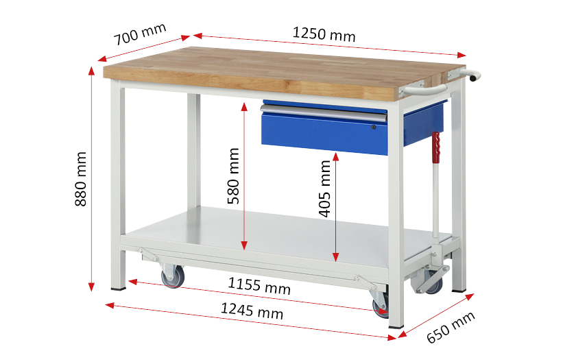 Rau Absenkbare Werkbank Modell 8001 1250x700x880mm Buche Massiv lichtgrau/enzianblau 1 Schublade