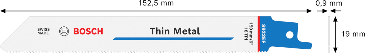 Bosch S 922 EF bi-metal reciprocating saw blade for thin metal., Säbelsägeblatt, Metall, 150 mm, 18 Zähne/Zoll, Dünnes Blatt