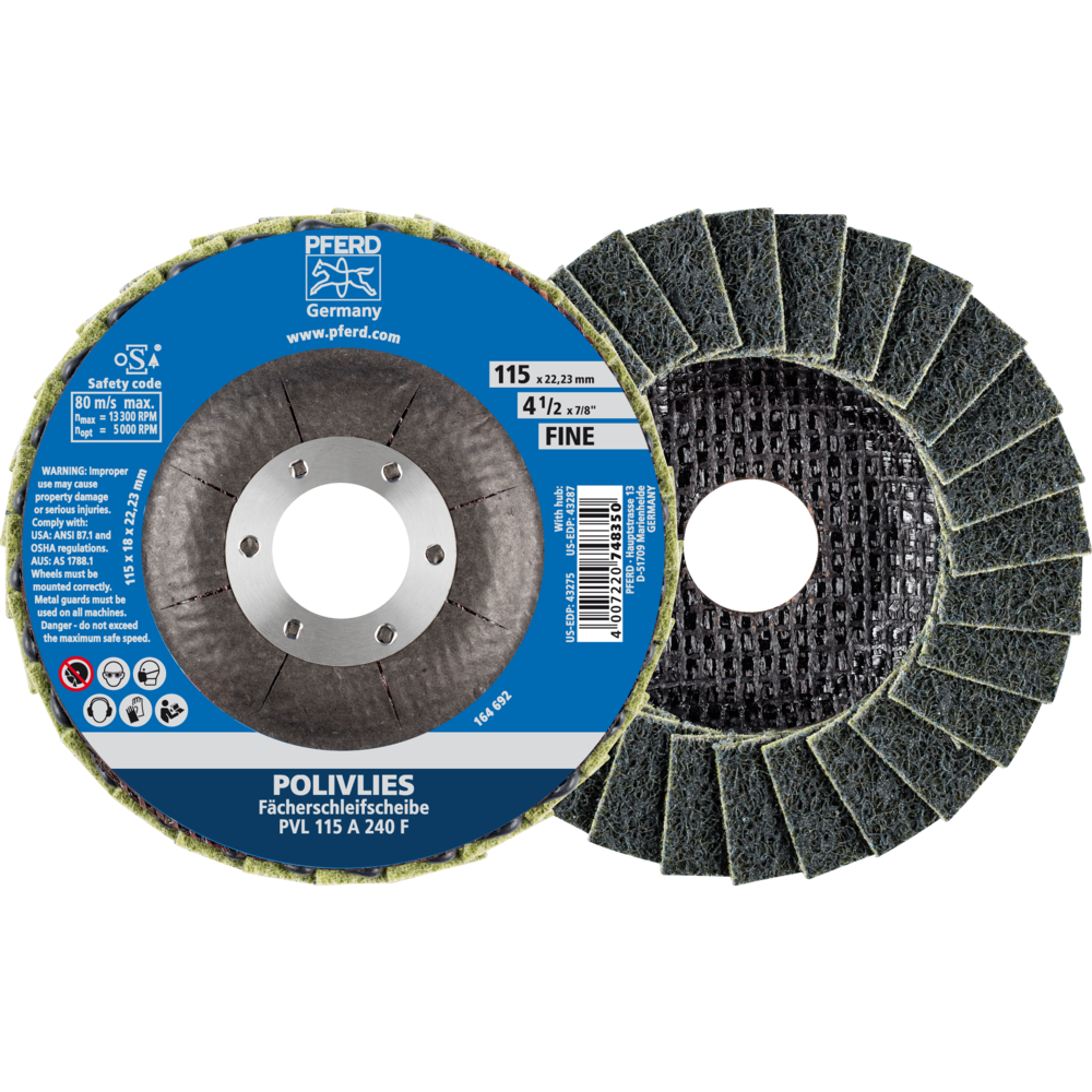 Pferd POLIVLIES-Fächerscheibe PVL Korund Ø 115 mm Bohrung 22,23 mm A240F für