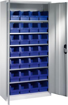 CP Lager-Regalschrank B1000xT300xH1980 mm RAL 7035 mit Türen 6 Fachböden, 28 Kästen CP