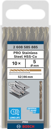 Bosch PRO Stainless Steel HSS-Co 5mm drill bit set., Metallbohrer, HSS-G, Edelstahl, 5 mm, 10 Stück