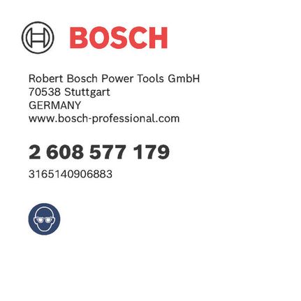 Produktetikett., Bosch, Produktetikett, Artikelnummer, Deutschland, Augenschutzsymbol