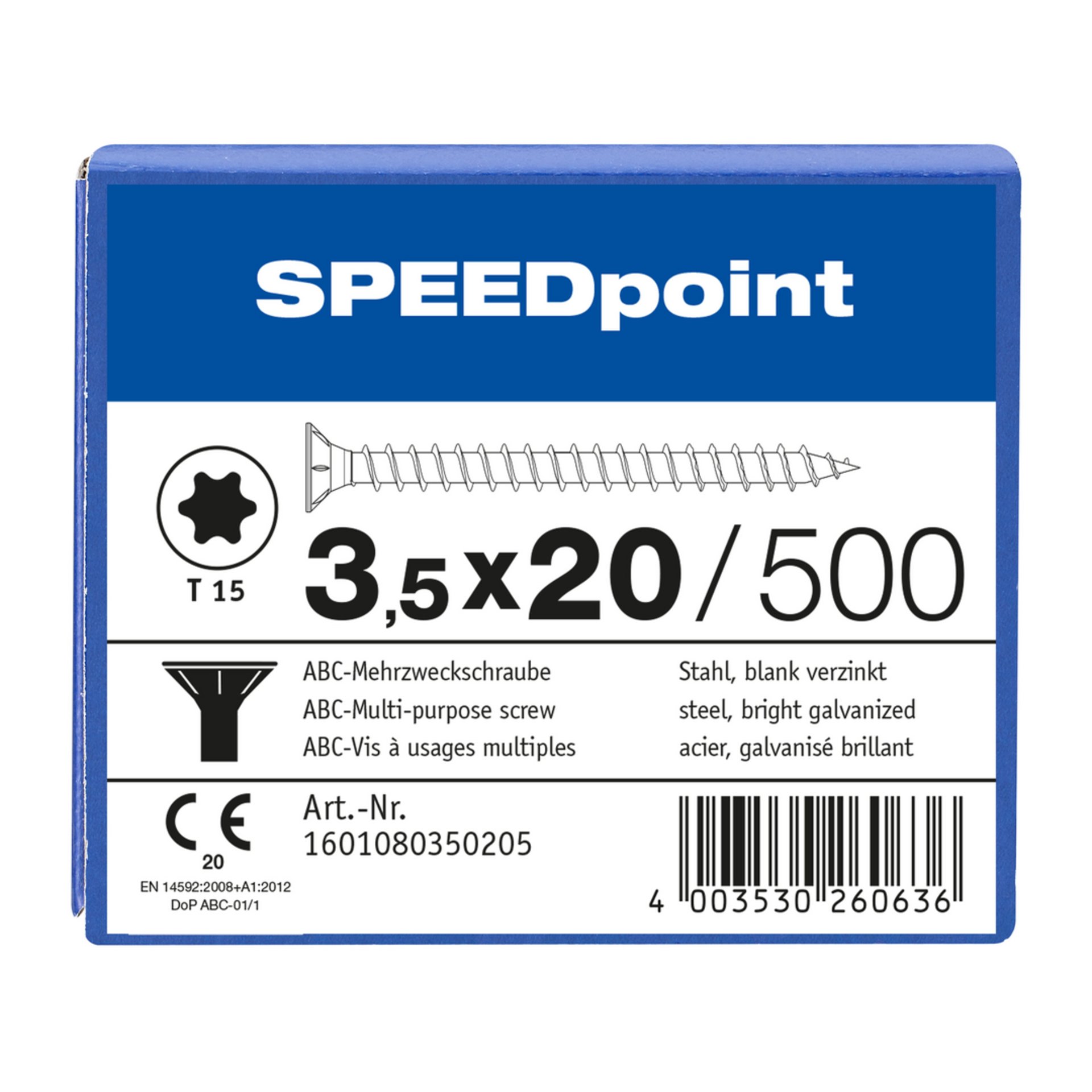 ABC SPEEDpoint Senkkopf T15 Vollgewinde Schabenut A2J 3,5x20mm (500)