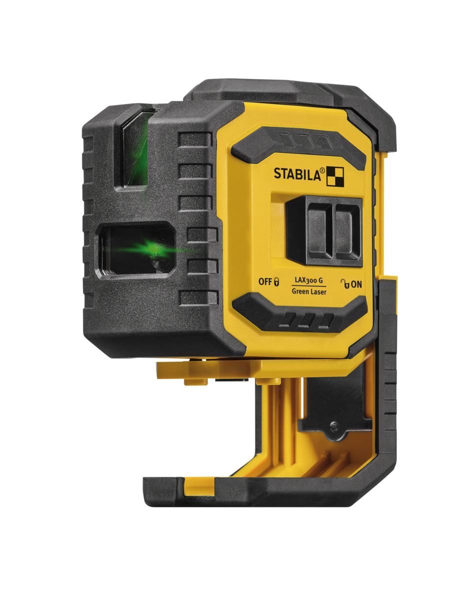 STABILA Kreuzlinienlaser LAX 300 G, 4-teiliges Set, selbstnivellierend, helle grüne Laser-Linien mit Lotpunkten, Reichweite bis 30 m, Schutzklasse IP 54, Zielplatte, Wandhalterung, Tasche STD