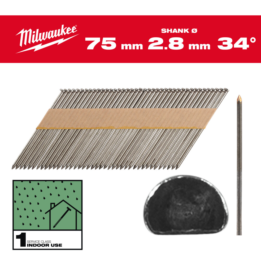 Milwaukee D-Kopf-Nägel 34° 75mm Glattschaft Stahl blank 2.8mm 2.200 Stück