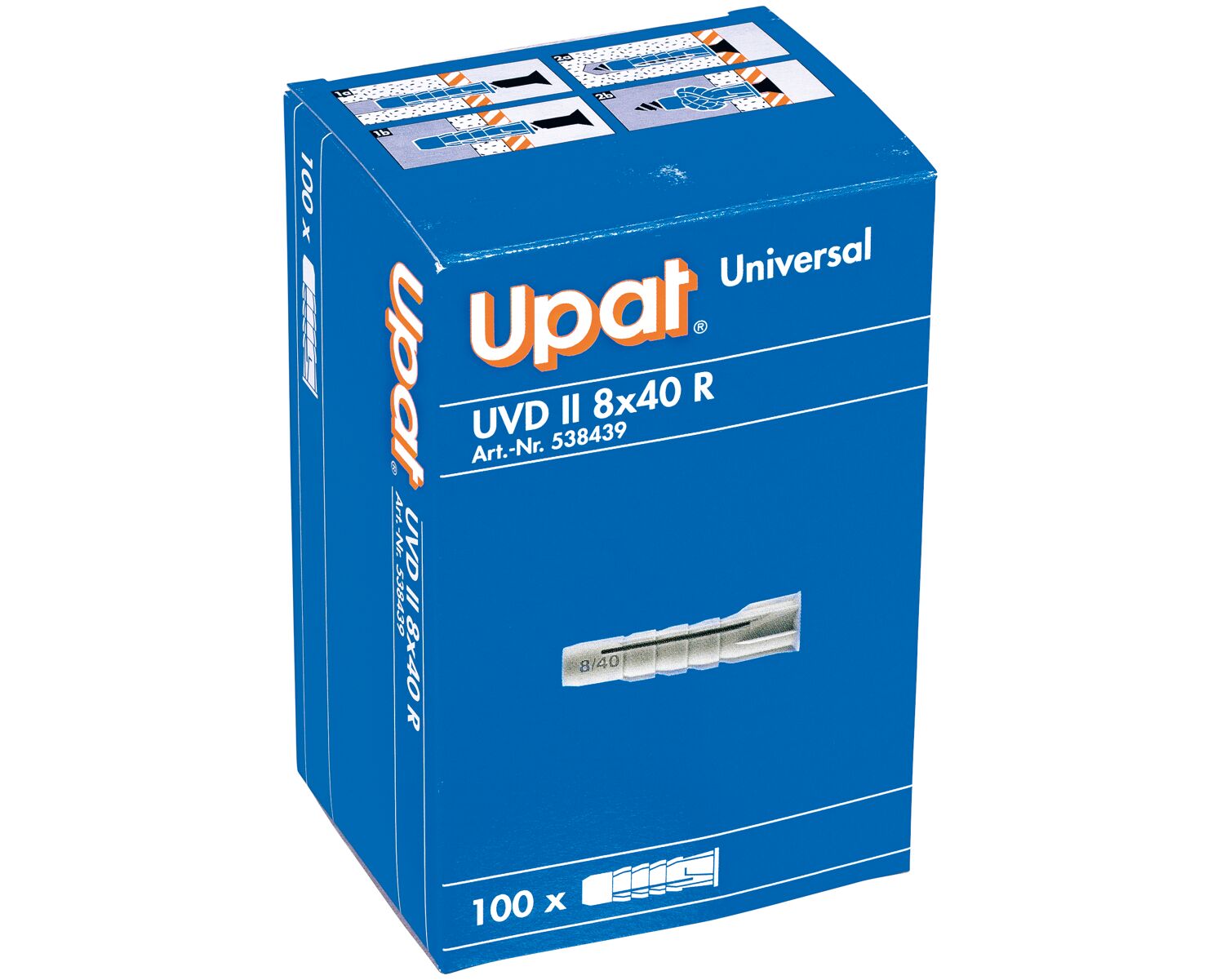 Verpackung: "Upat Universal-Dübel UVD II 8x40 R mit Rand"