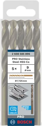 Bosch PRO Stainless Steel HSS-Co 9 mm twist drill bit set.