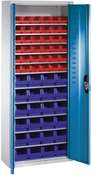 CP Lager-Regalschrank B700xT300xH1690 mm RAL 7035/5012 mit Türen 11 Fachböden, 60 Kästen