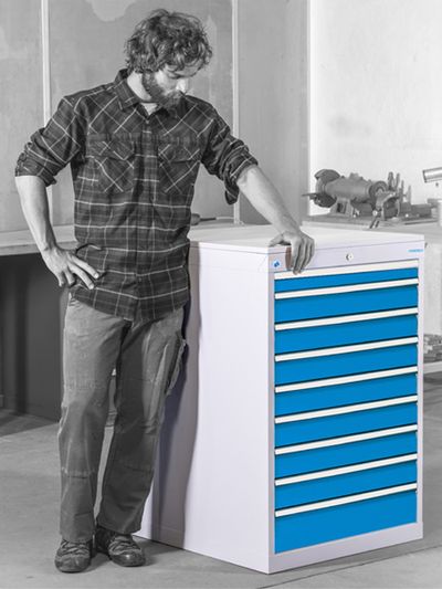 b+h Bedrunka+Hirth Schubladenschrank Tiefe 736 R 24-24 4 Schubladen Stahlblech, werkzeugschrank, rollschubladen, werkstatt, metallisch, blaue schubladen