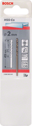 Bosch HSS-Co Metallbohrer 2 mm, DIN 338., Metallbohrer, HSS-Co, 2 mm, Kobaltlegierung, DIN 338