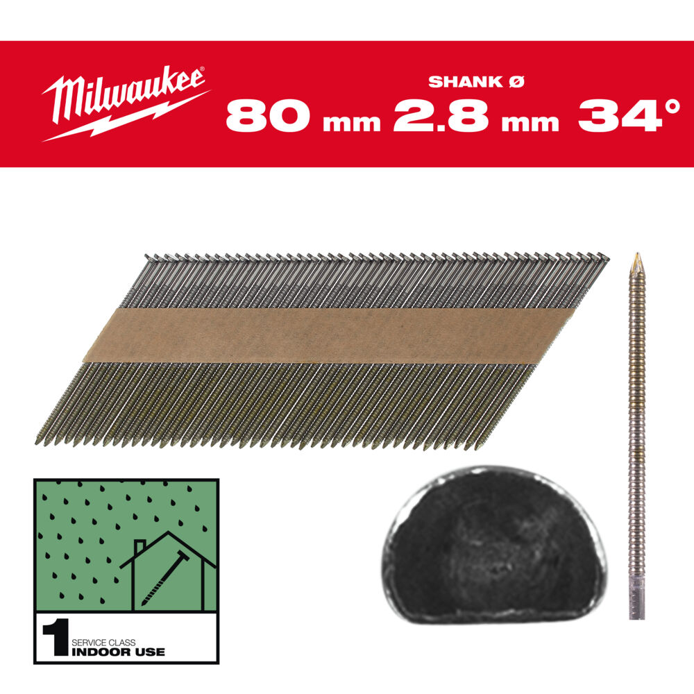 Milwaukee D-Kopf-Rahmennägel 80mm 2.8mm Ringschaft 34° 2.200 Stück