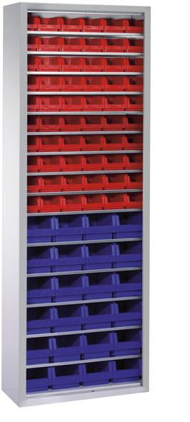 CP Lager-Regalschrank B700xT300xH1980 mm RAL 7035 ohne Türen 15 Fachböden, 84 Kästen