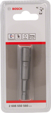 Bosch 8mm magnetic nutsetter for hex screws., Bosch Bitaufnahme, Bitverlängerung, Metall, Grau, Kunststoffverpackung