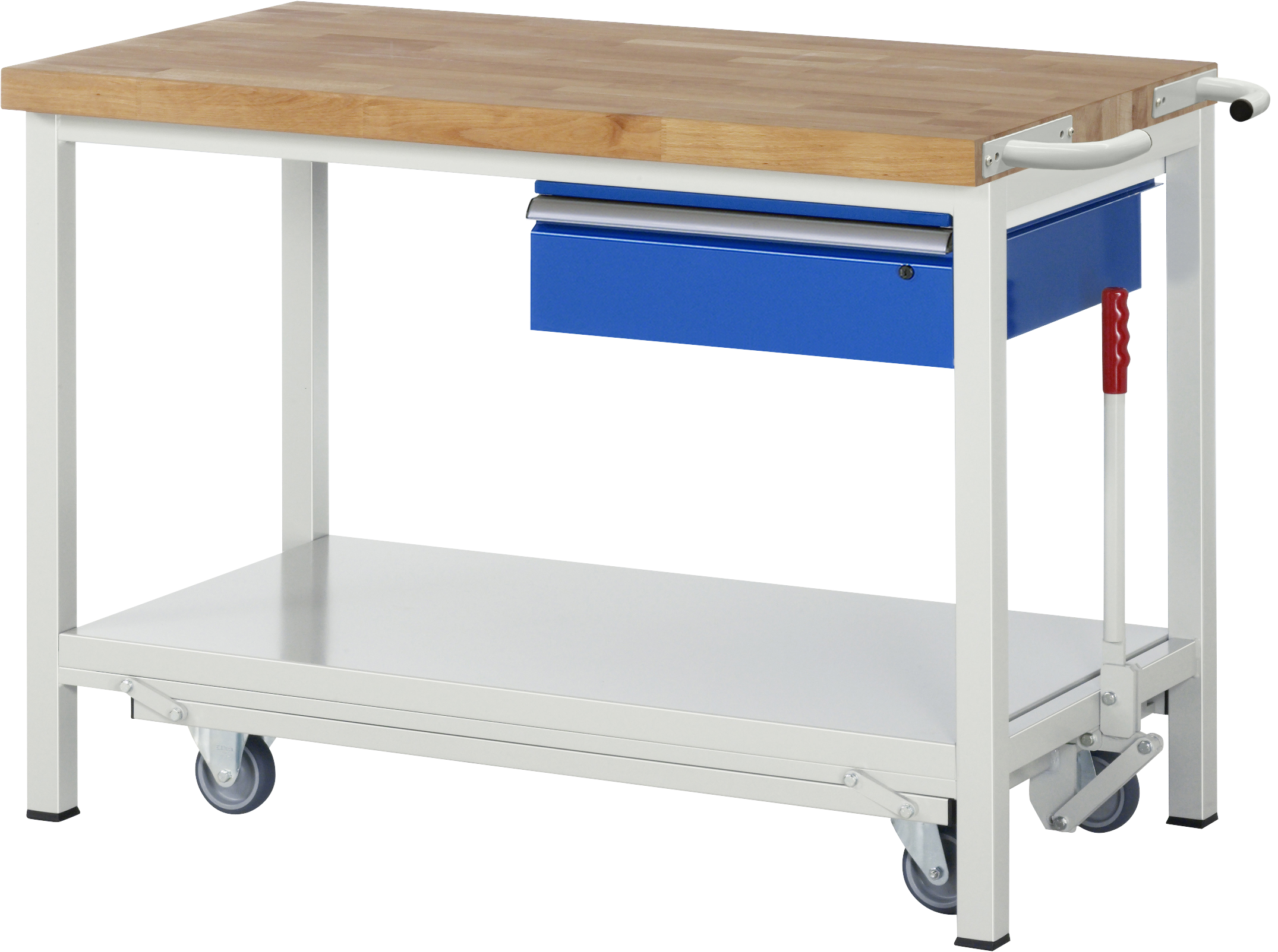 Rau Absenkbare Werkbank Modell 8001 1250x700x880mm Buche Massiv lichtgrau/enzianblau 1 Schublade