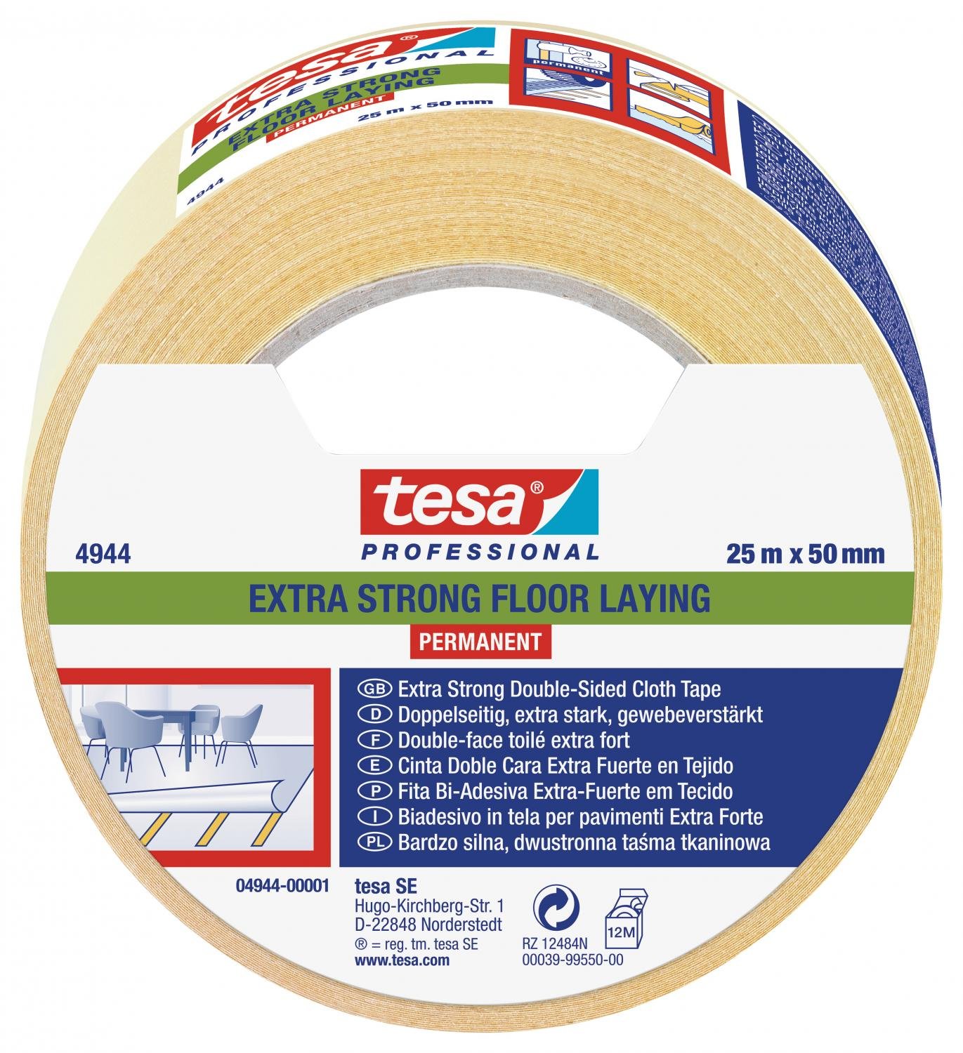 Tesafix® Gewebeverlegeband Extra Stark Perm. 00 Farblos 25m x 50mm