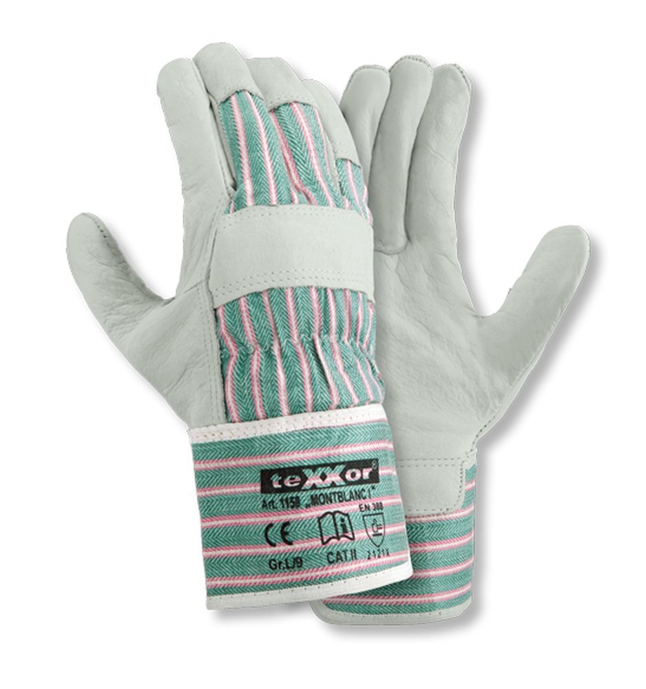 teXXor® Rindvollleder-Handschuhe MONTBLANC I 9, Leder natur, Drell grün/rot-gestreift